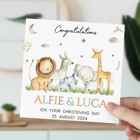 twins birthday card for christening, naming day, baptism, features watercolour jungle animals design.