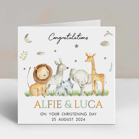 Personalised Twins Christening Card Animal Jungle Animals