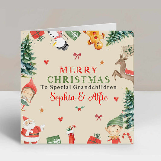 Christmas Card For Grandchildren Festive Santa Snowman Reindeer & Boy Girl Elf