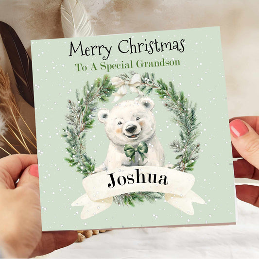 Personalised Christmas Card Snowy Polar Bear Wreath