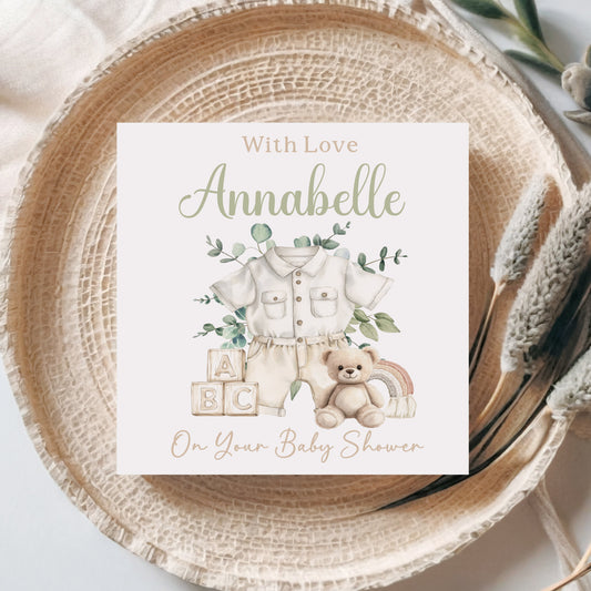 Personalised Baby Shower Card – Neutral Watercolour Green with Baby Boy Outfit Design