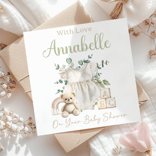Personalised Baby Shower Card – Neutral Watercolour Green with Baby Girl Outfit Design