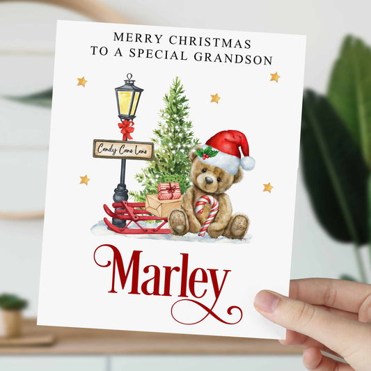 Christmas Card Teddy Bear Boy Candy Cane Lane