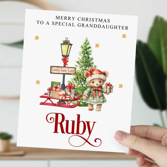 Christmas Card Teddy Bear Girl Candy Cane Lane