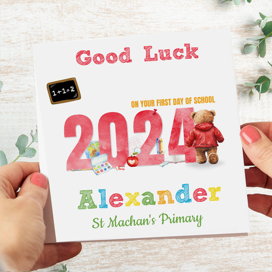 Personalised Good Luck First Day At School Card Red Teddy Bear