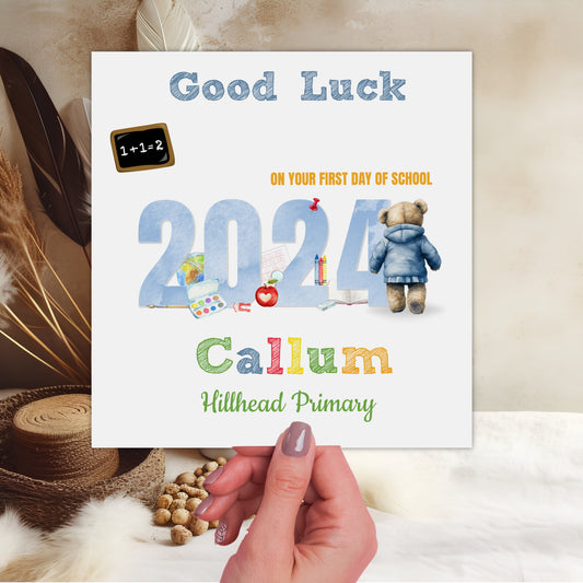 Personalised Good Luck First Day At School Card Blue Teddy Bear