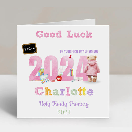 Personalised Good Luck First Day At School Card Pink Teddy Bear