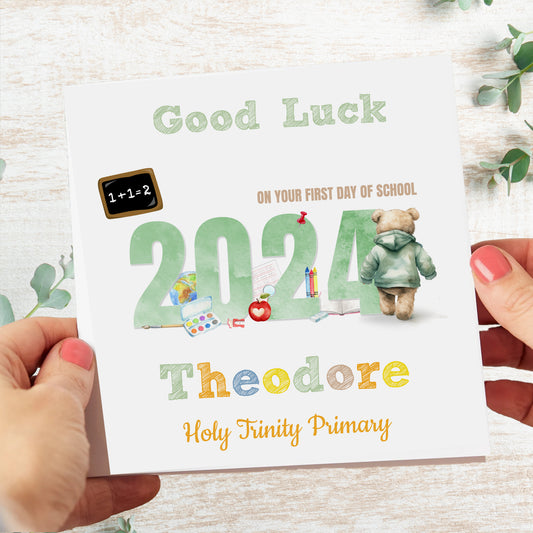 Personalised Good Luck First Day At School Card Green Teddy Bear