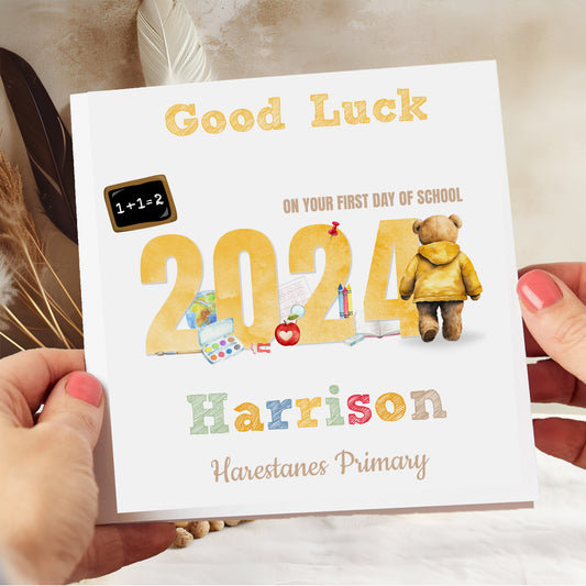 Personalised Good Luck First Day At School Card Yellow Teddy Bear
