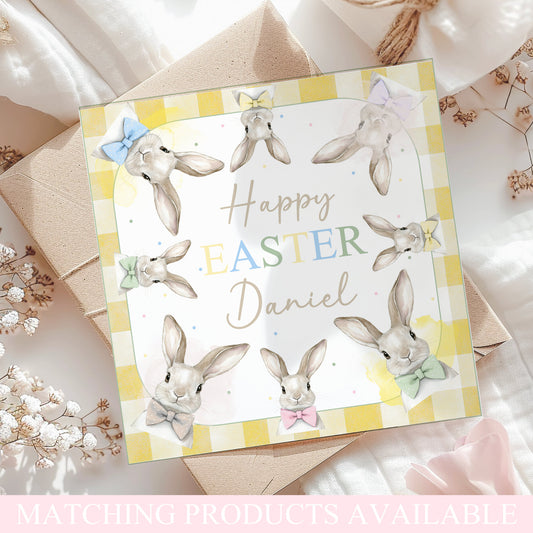 Yellow Gingham Watercolour Bunnies Easter Card