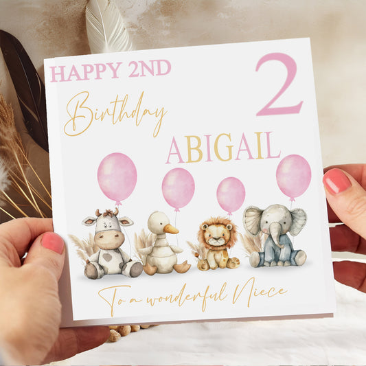 Pink Watercolour Animals Birthday Card