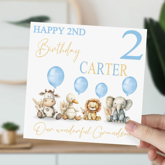 Blue Watercolour Animals Birthday Card