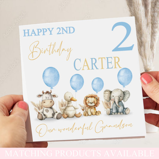 Blue Watercolour Animals Birthday Card