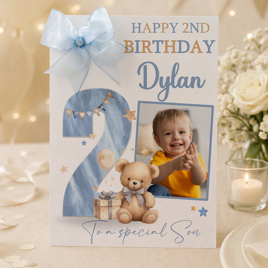 Personalised Boys Large A4 Photo Birthday Card Blue Teddy Bear