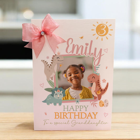 Large A4 Girls Personalised Photo Birthday Card Pink Dinosaurs