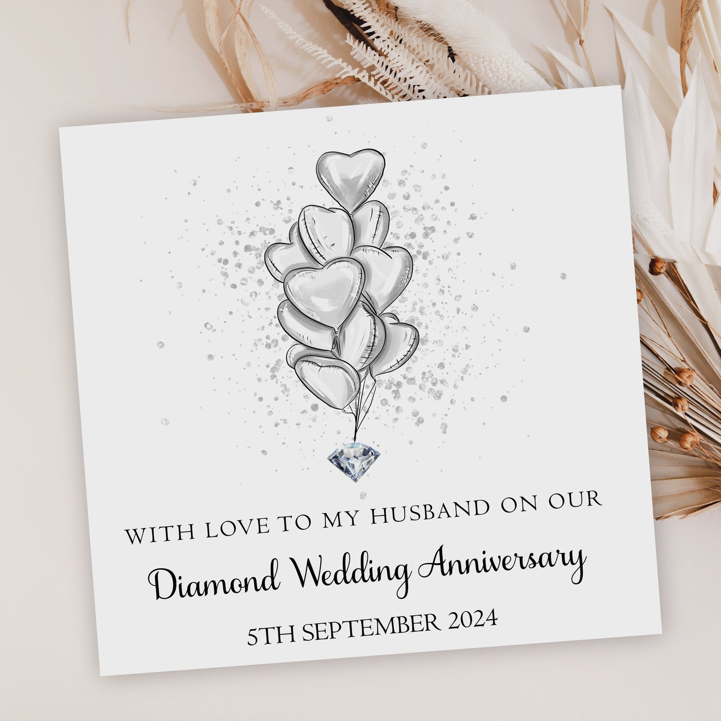 Diamond Wedding Anniversary Card 60 Years Heart Balloons