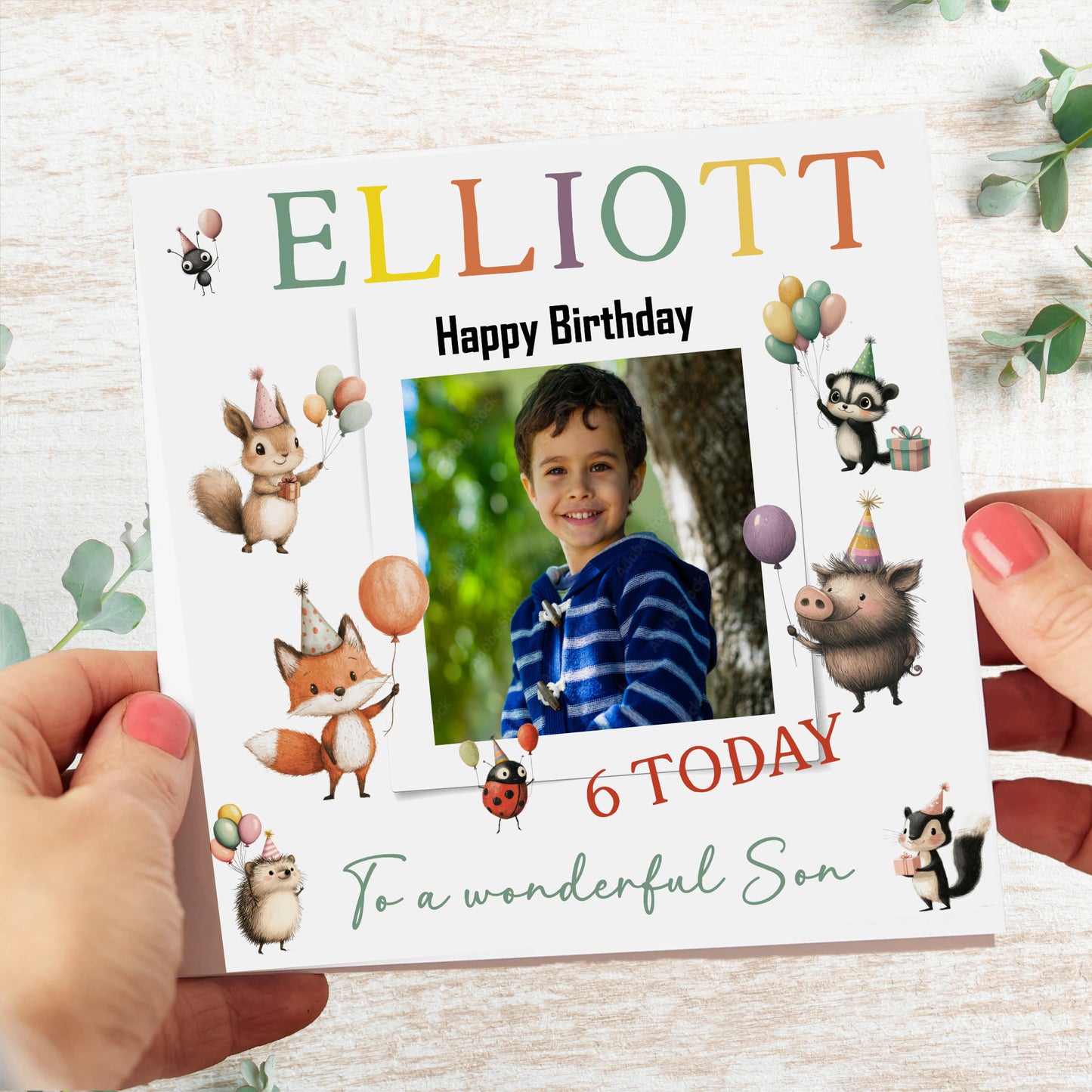 Large Personalised Children’s Photo Birthday Card – Animal Party Hats Design for Kids