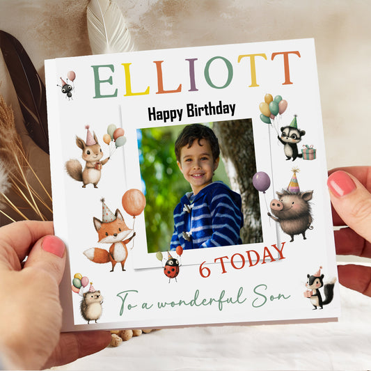 Large Personalised Children’s Photo Birthday Card – Animal Party Hats Design for Kids
