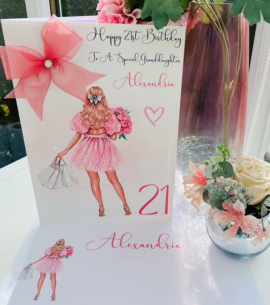 Personalised Luxury Large A4 Birthday Card Girl Pink Dress