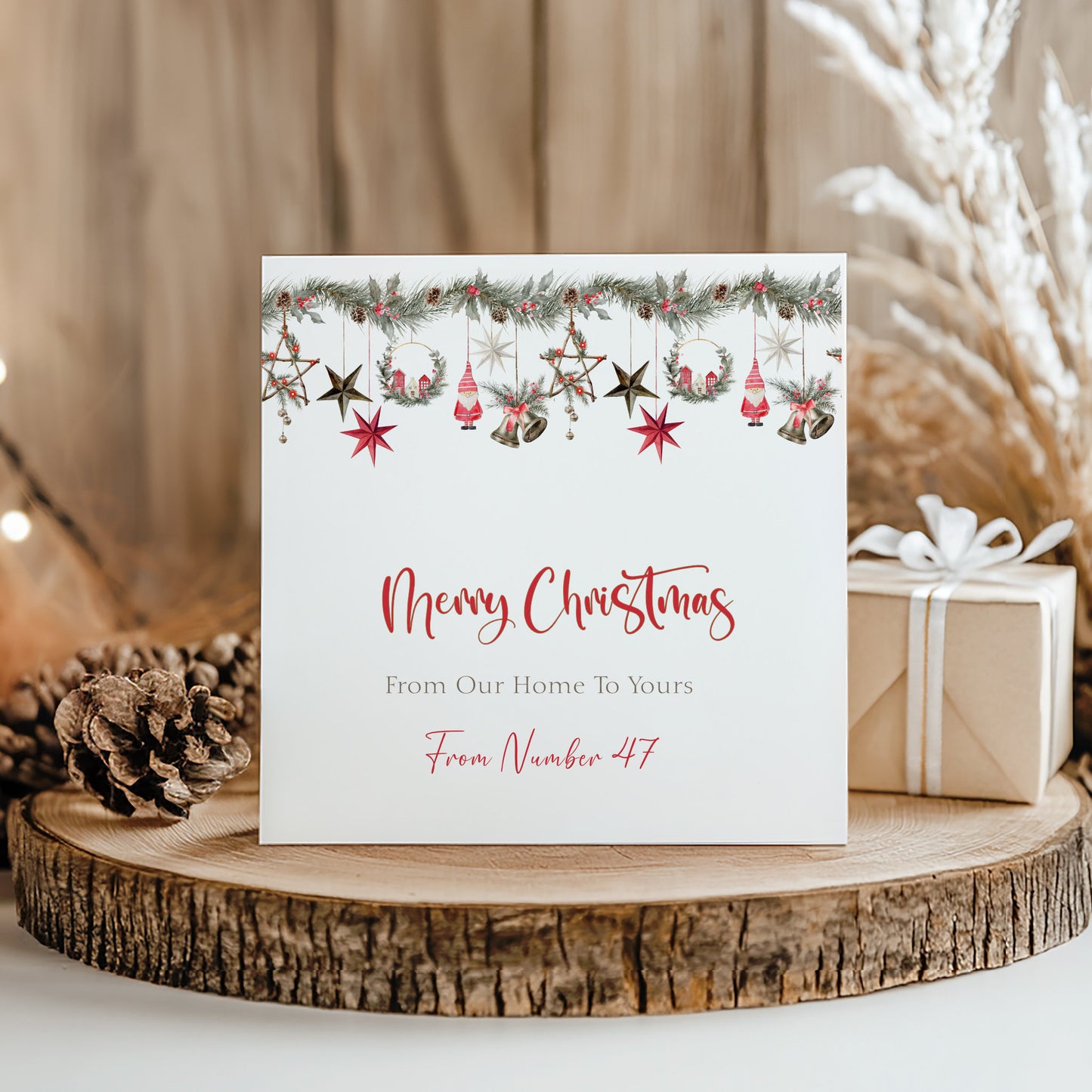Personalised Christmas Card Pack 10, 20, 30, 40, 50 - Candy Stripe Bow Wreath