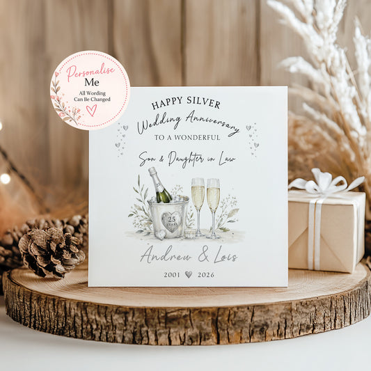 Personalised 25th Silver Wedding Anniversary card for Son and Daughter in Law with champagne glasses, silver hearts and names
