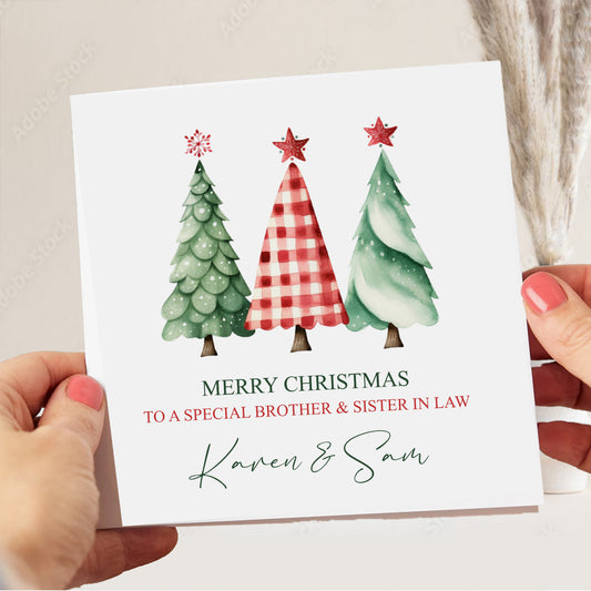 Personalised Christmas Card Tree Trio, Friends, Brother, Sister in Law