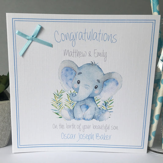 Personalised Congratulations New Baby Boy Card Elephant