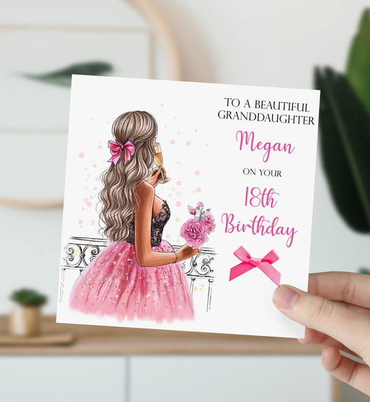 Personalised Girls Birthday Card Girl Pink Dress