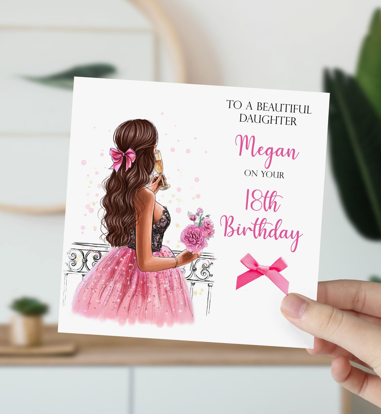 Personalised Girls Birthday Card Girl Pink Dress