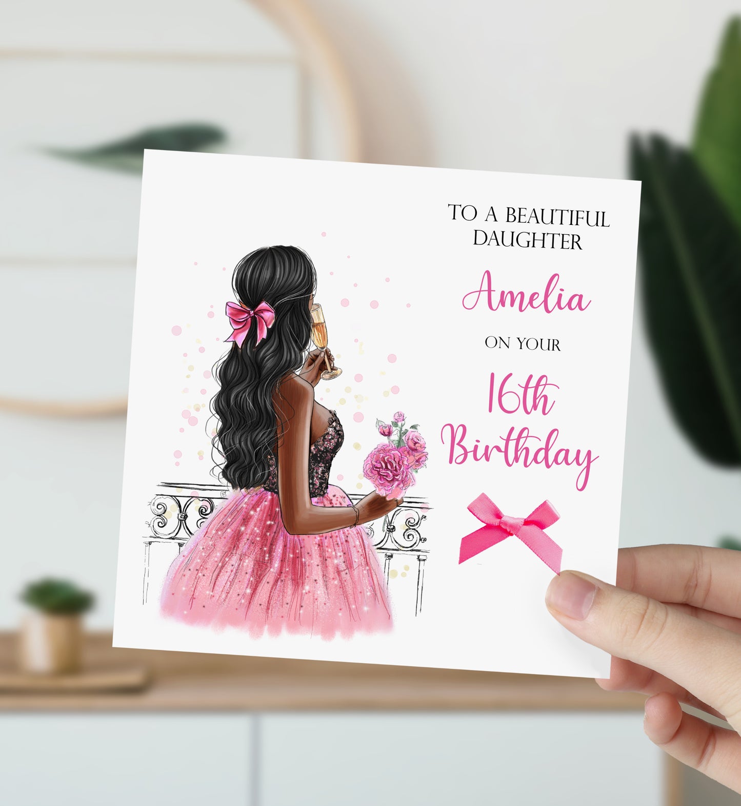 Personalised Girls Birthday Card Girl Pink Dress