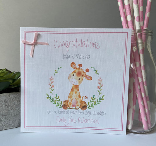 Personalised Congratulations New Baby Girl Card Watercolour Giraffe