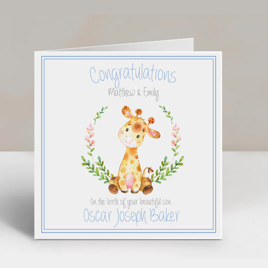 Personalised Congratulations New Baby Boy Card Watercolour Giraffe