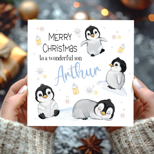 Christmas Card Cute Penguins Blue
