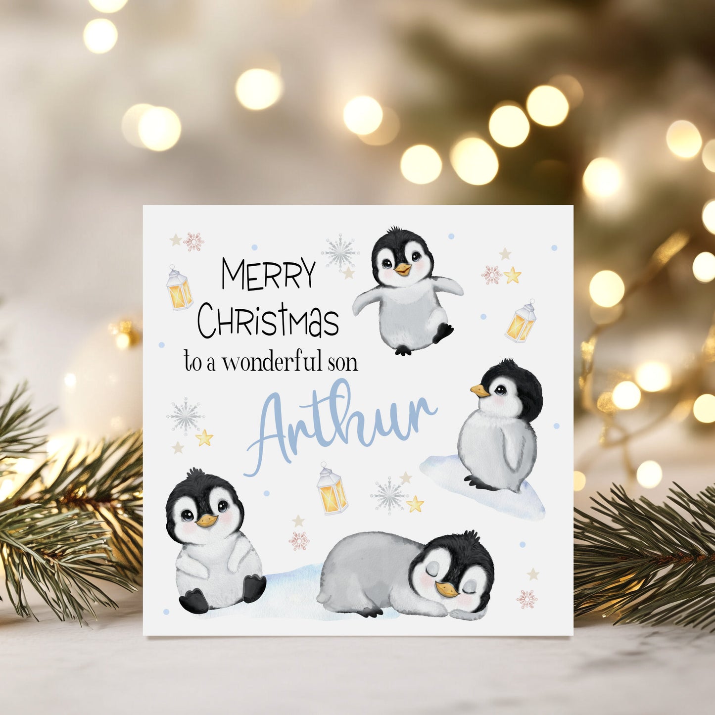 Christmas Card Cute Penguins Blue
