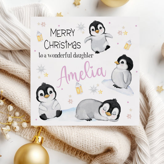 Christmas Card Cute Penguins Pink