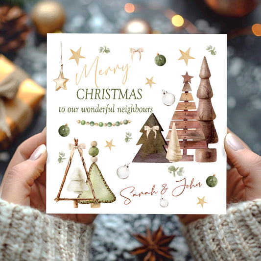 Personalised Christmas Card For Neighbours Friends, Rustic Christmas Trees