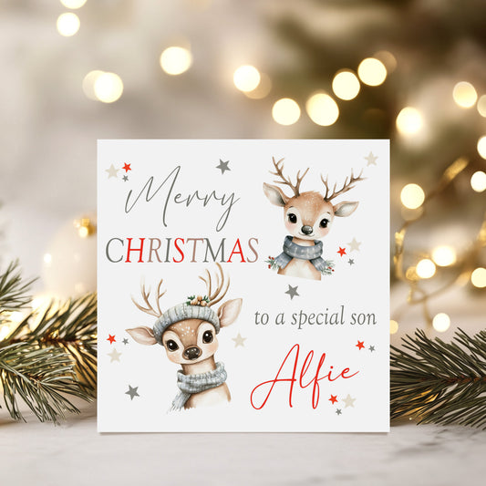Christmas Card Cute Reindeers Grey Scarf