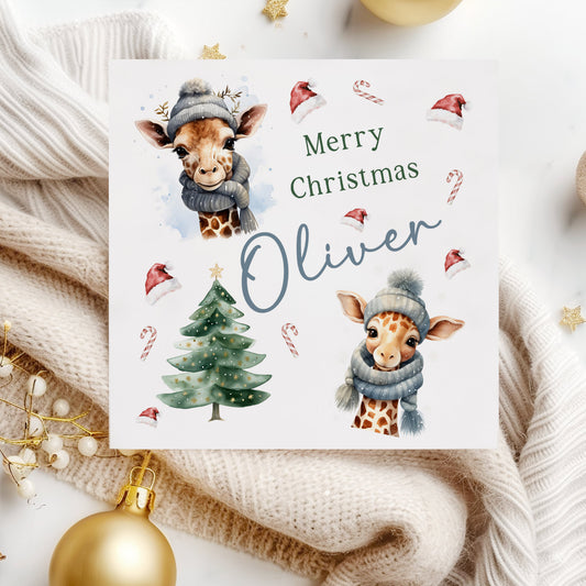 Christmas Card Giraffe's Blue Scarf