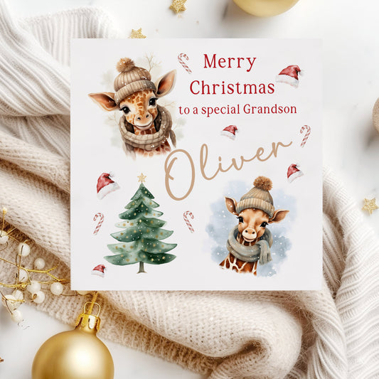 Christmas Card Giraffe's Blue & Brown Scarf