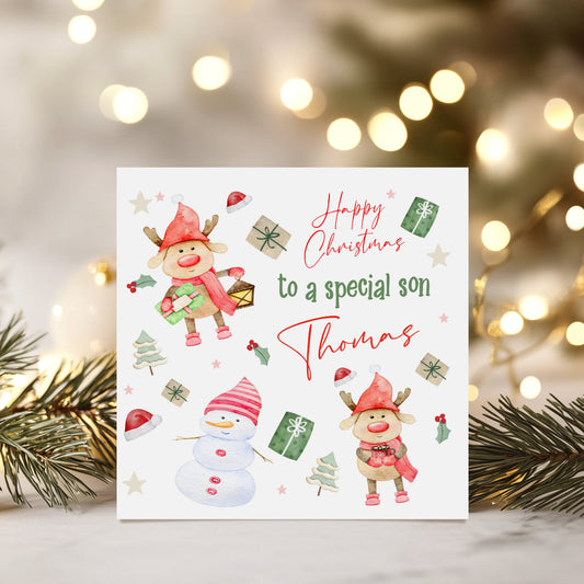 Personalised Christmas Card 'Snowman Reindeer'