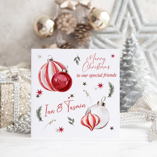 Personalised Christmas Card 'Red Candy Baubles'