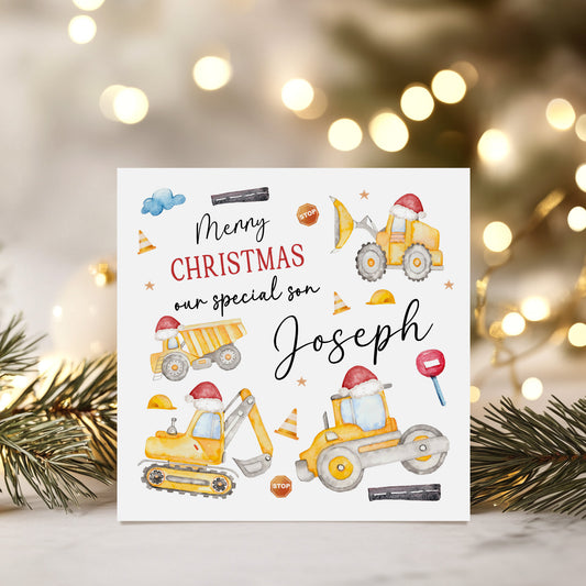 Personalised Christmas Card 'Construction Diggers'