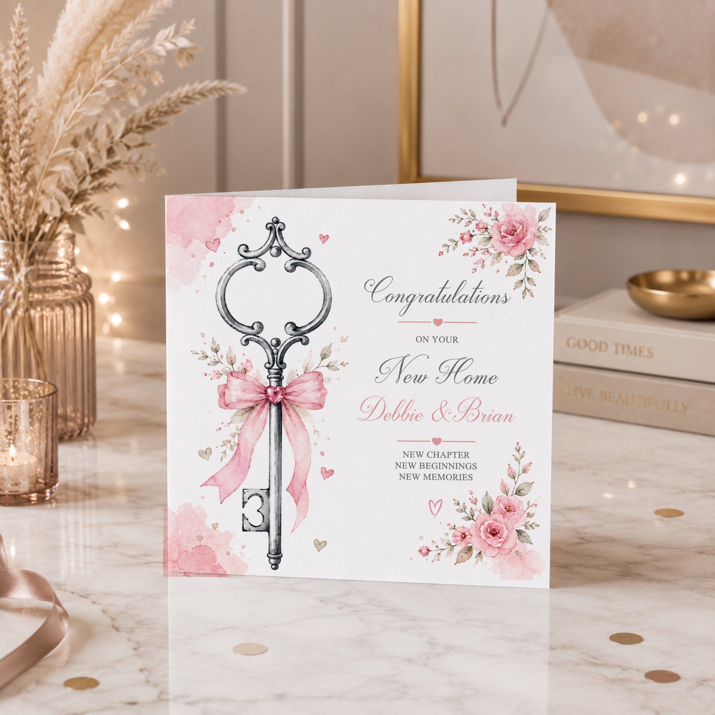 Personalised New Home Card – Floral Key Design