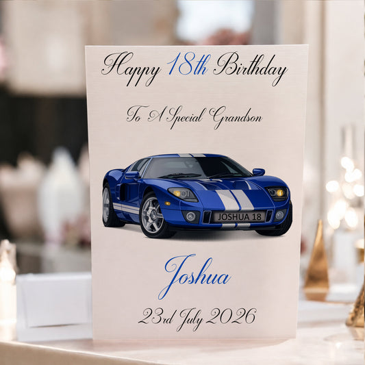 Large A4 Sports car birthday card for him featuring a black sports car with a personalised number plate and any name age or relationship on the front