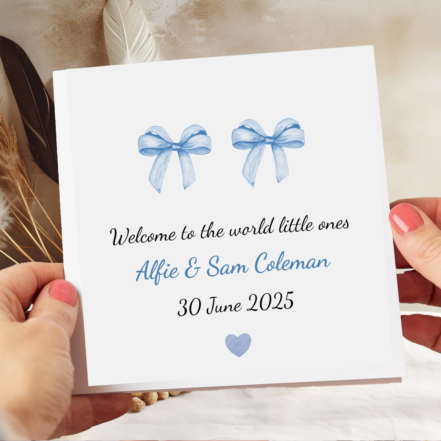 Twins New Baby Welcome to the World Little One Watercolour Bow Pink, Blue