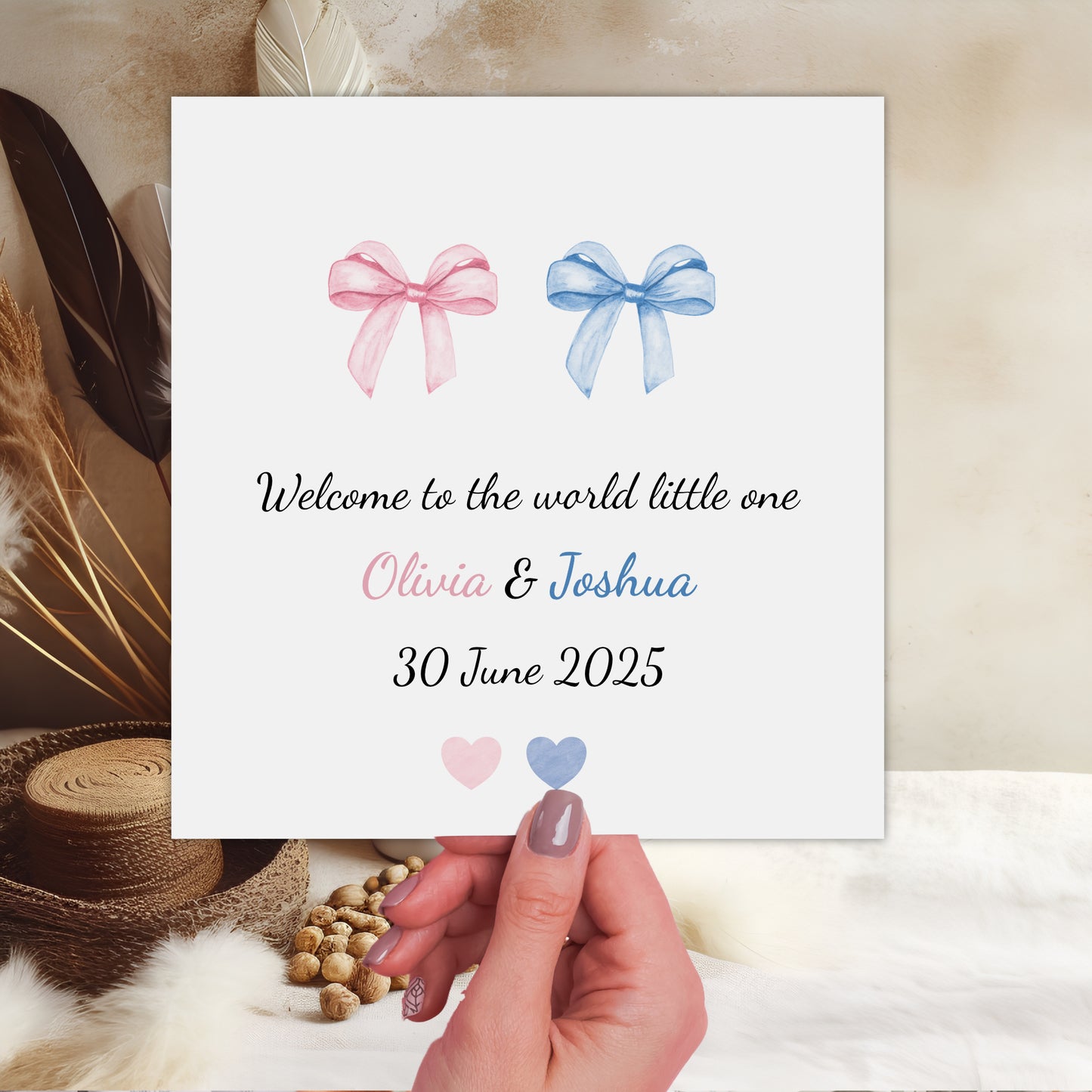 Twins New Baby Welcome to the World Little One Watercolour Bow Pink, Blue