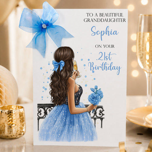 Large A4 Luxury Personalised Birthday Card for Her | Hand Finished with Organza Bow, Diamanté Gem & Sparkle Detail