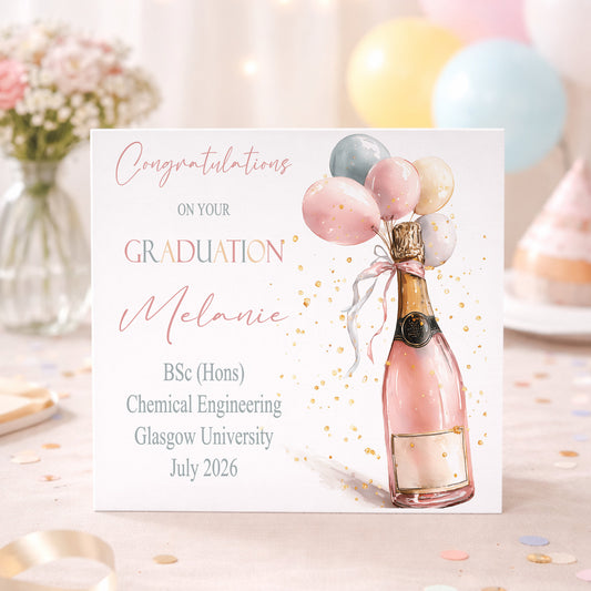 Personalised Graduation Card with Champagne & Balloons | Hand Finished Sparkle Graduation Congratulations Card | Custom University Graduate