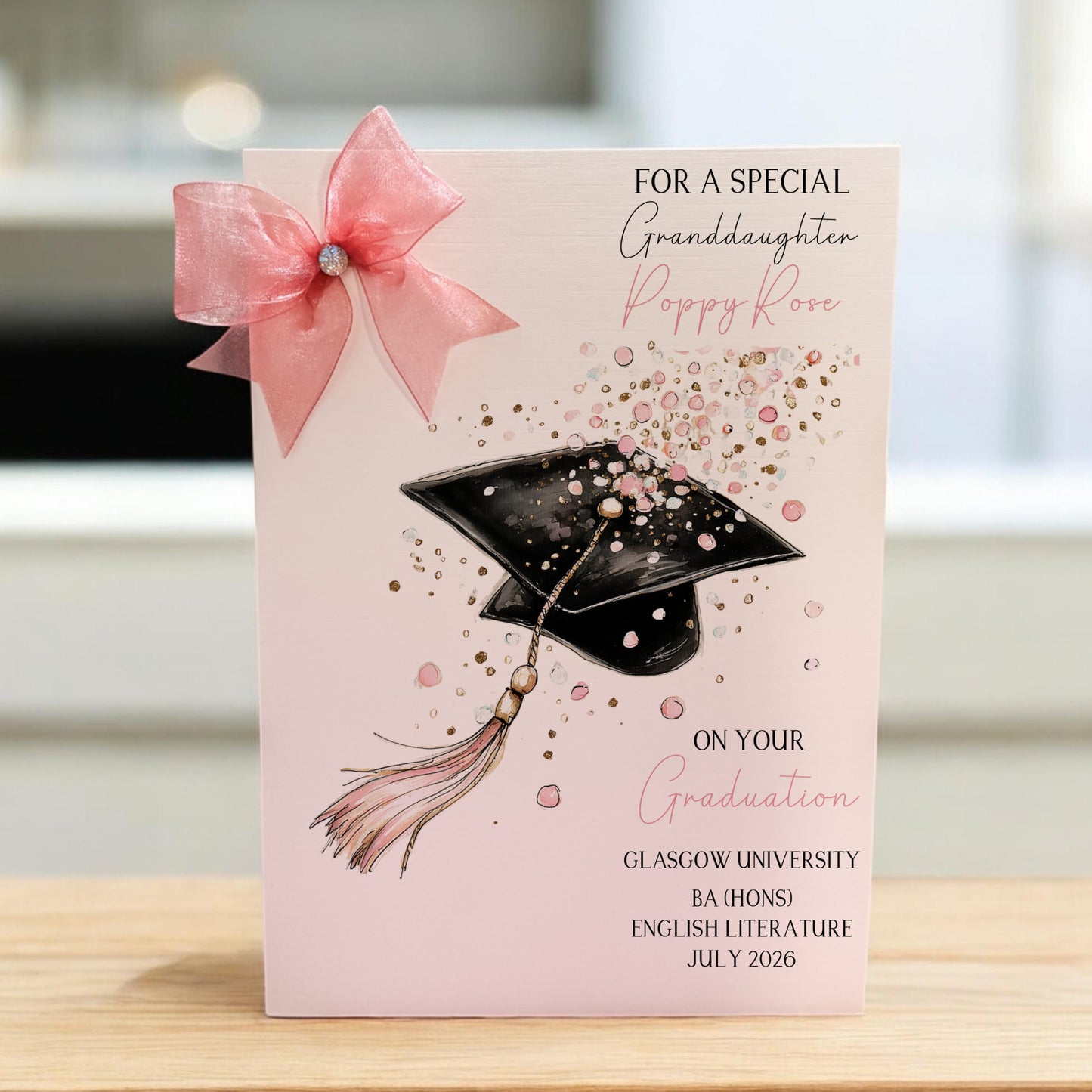 Personalised A4 Graduation Card with Organza Bow & Sparkle