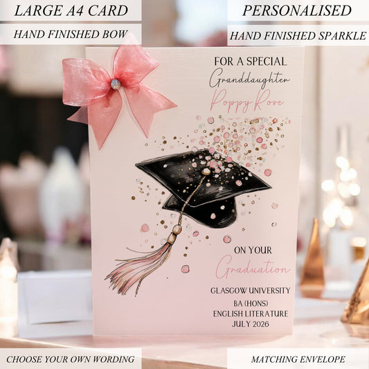 Personalised A4 Graduation Card with Organza Bow & Sparkle